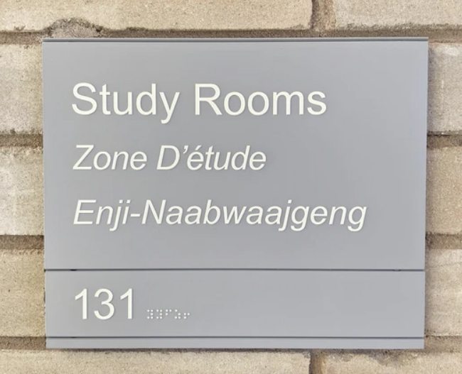 NUSU Student Centre Signage - Study Rooms, Zone D'étude, Enji-Naabwaajgeng, #131, Braille Translation.